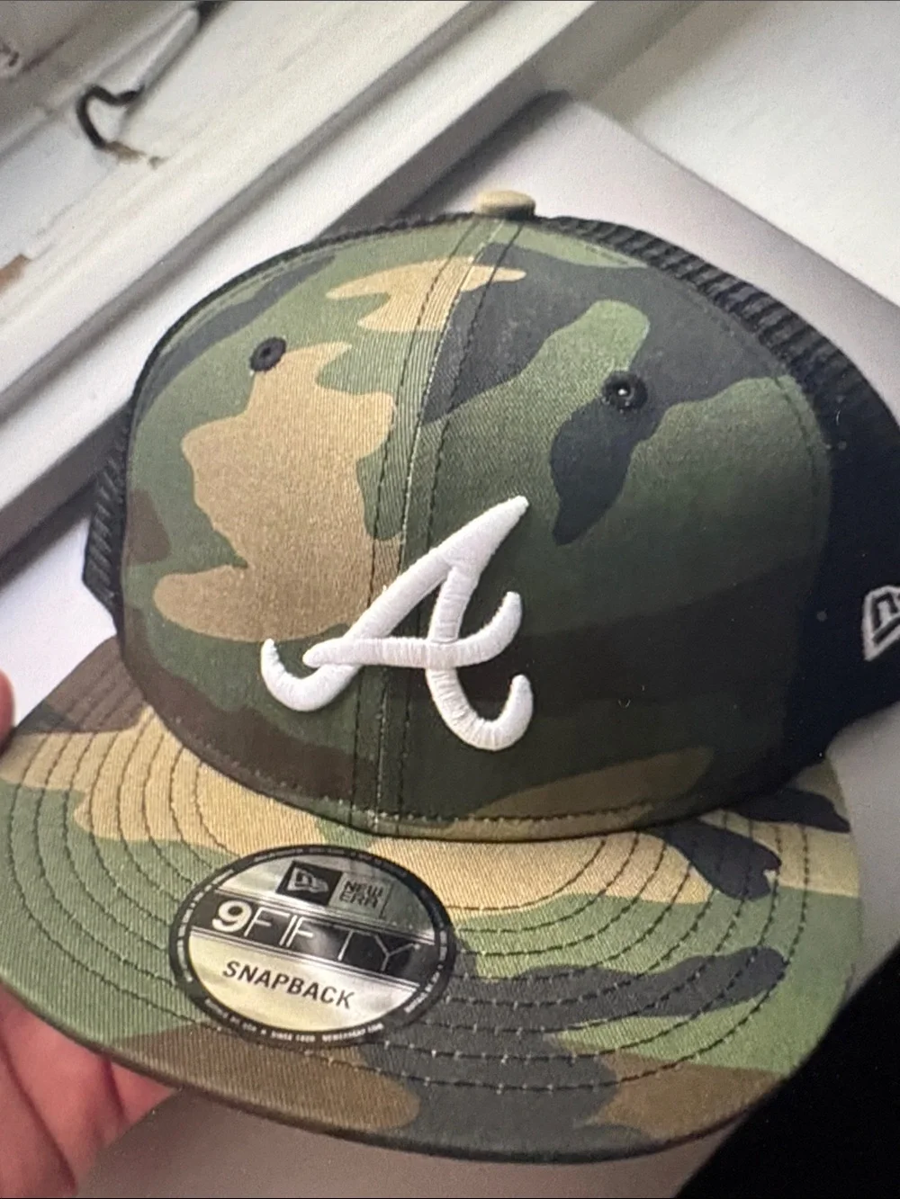 New Era Camo Kids Snapback Hat with White 'A' Logo